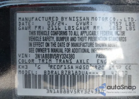 2024 Nissan Sentra S Xtronic Cvt z USA, uszkodzony, nr VIN 3N1AB8BV5RY324380